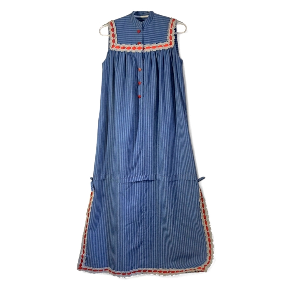 Princess Kaiulani Vintage Hawaiian Muumuu Blue/White Pinstripes Lace/Red Ribbon